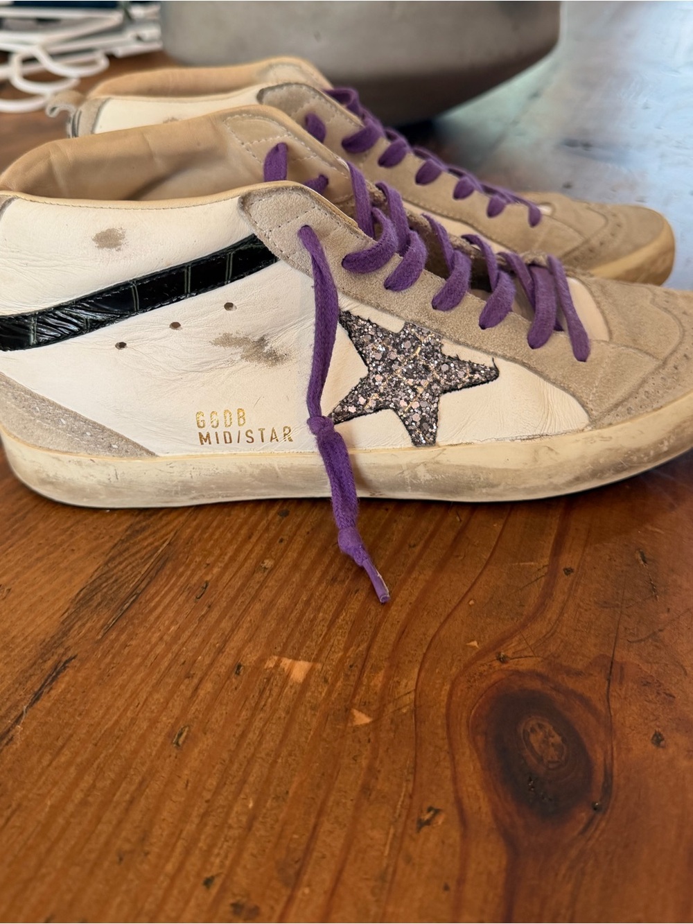 Golden Goose Mid Star White Leather High-Top Sneakers with Glitter Star